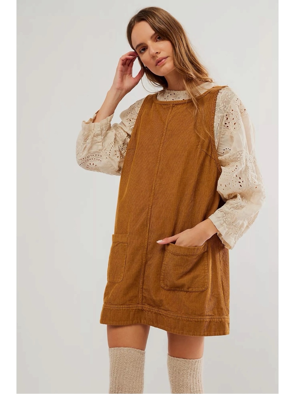 Free People Retro 70s Pinafore All Around Cord Corduroy Mini Dress Jumper  XS